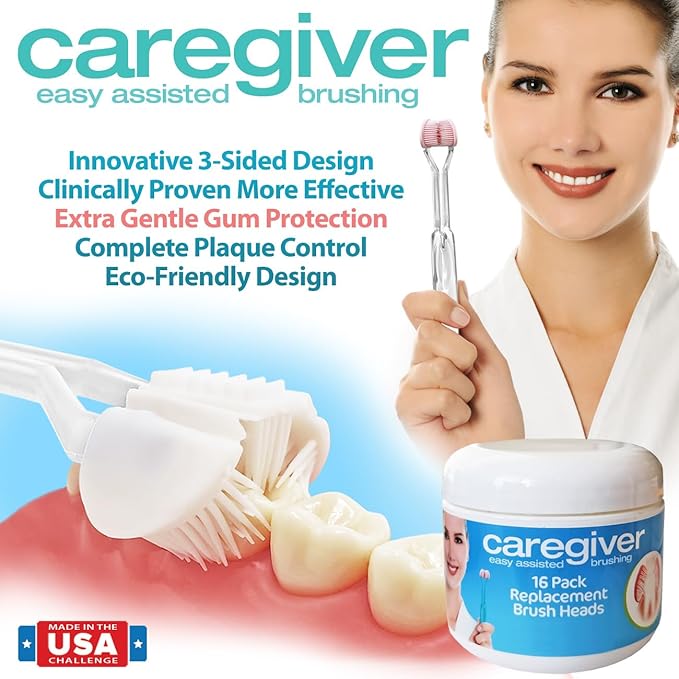 Caregiver 3-Sided Toothbrush | 4-Pack + 16 Replacement Heads | Easy Assisted Brushing for Autism Special Needs Disabilities Seniors &amp Dexterity | Gentle U-Shaped Triple Clean Soft | Made in USA