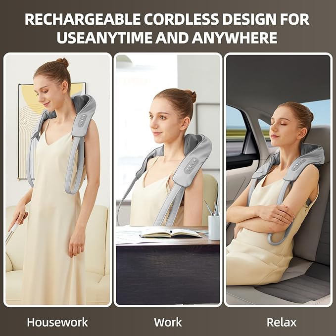 Neck and Shoulder Massager with Heat Cordless Shiatsu Shoulder Massager for Pain Relief Deep Tissue Rechargeable 6D Kneading Massage for Neck and Shoulde Pain Gifts for Mom&ampDad (Grey)