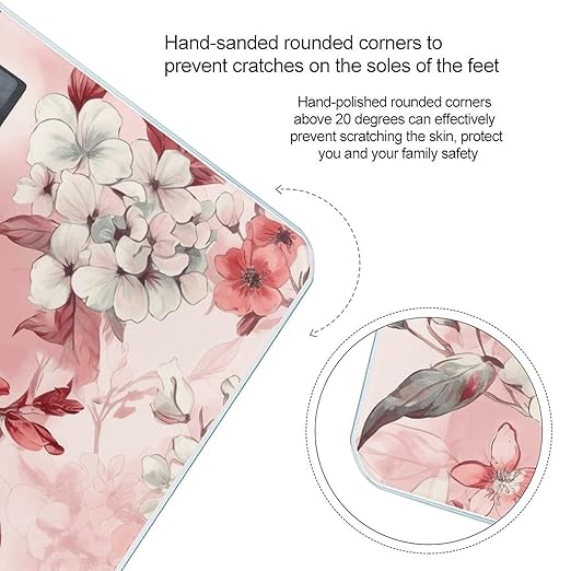 Peach Floral Pattern Scale for Body Weight Anti-Slip Tempered Glass Digital Bathroom Scales Clear LCD Display Weighing Scale Safe Rounded Corners Smart Scales