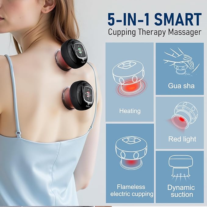 5-in-1 Smart Dynamic Cupping Set 12 Levels Cupping Kit for Massage Therapy with Red Ligh-t Therapy&ampHeat Penetrates for Targeted Pain Relief Knots Aches Muscle Soreness - 2Pcs(Black&ampBlack)
