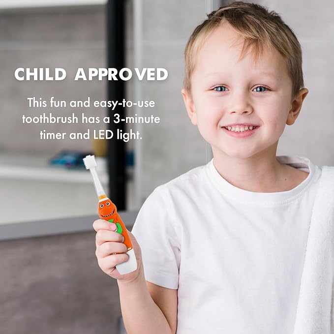 Brilliant Oral Care Kids Sonic Electric Toothbrush with Soft Bristles Round Brush Head LED Light and Timer for Children Ages 5+ Dinosaur