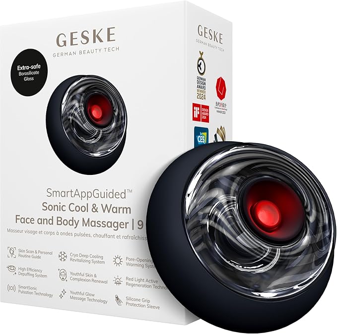 GESKE SmartAppGuided™ Sonic Cool &amp Warm Face &amp Body Massager | 9 in 1 | Electric Massager | Face &amp Body | Battery-Free Cooling &amp Warming | Firms Relaxes &amp De-Puffs Skin | with Sma