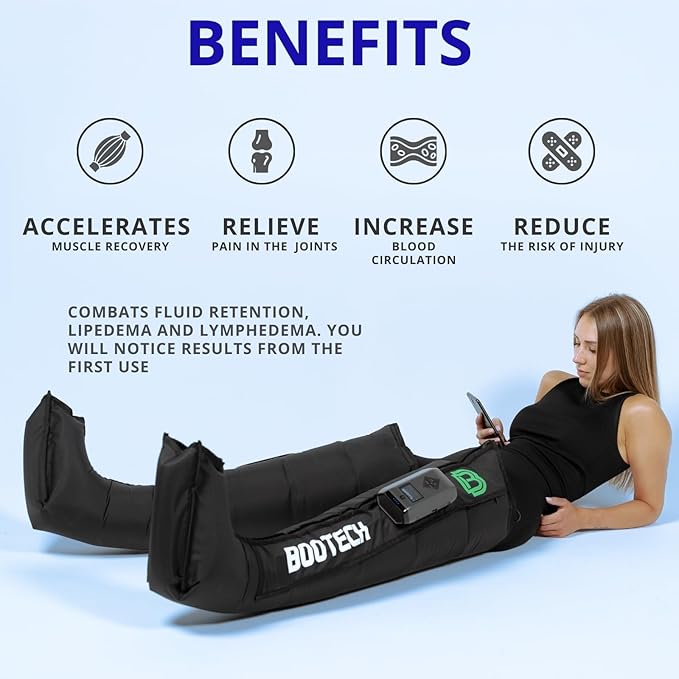 Leg Compression Recovery Boots for Circulation Cordless Air Compression Therapy System Rechargeable Massage with 5 Modes 5 Air Chambers 3H Battery with Automatic Deflation Technology (M)