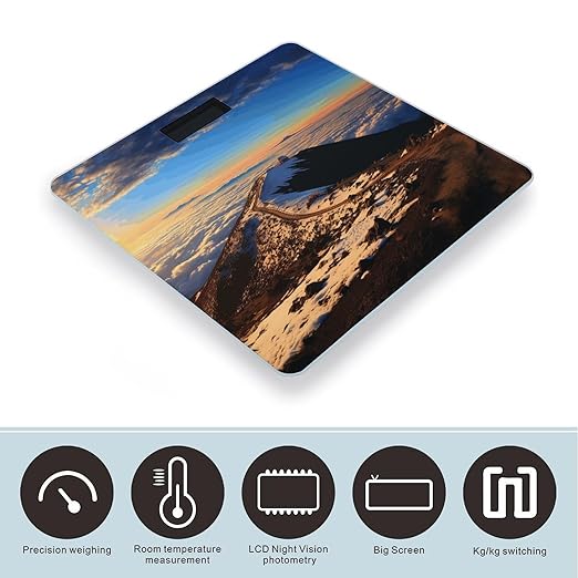 Mauna Kea Summit Sunset Scale for Body Weight Anti-Slip Tempered Glass Digital Bathroom Scales Clear LCD Display Weighing Scale Safe Rounded Corners Smart Scales
