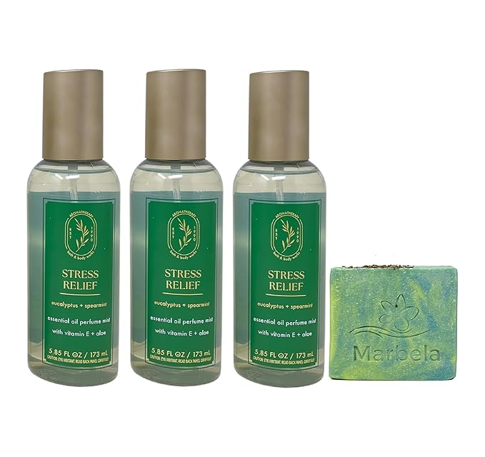Bath &amp Body Works Aromatherapy Stress Relief Eucalyptus Spearmint - 3 Essential Oil Perfume Mist - with a Fresh Forest Bar Soap