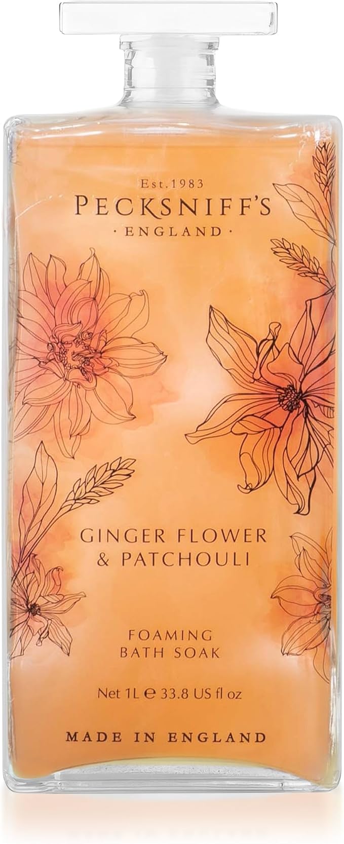 Pecksniff’s GingerFlower &amp Patchouli Foaming Bath Soak – Luxury Bubble Bath 1L / 33.8 fl oz Made in England