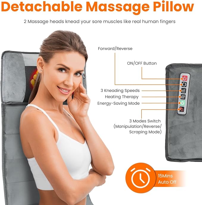 Full Body Massage Mat with Heat Electric Vibration Back Massage Pad with Shiatsu Detachable Neck Massage Pillow for Pain Relief 10 Vibration Motors 3 Heating Levels Gifts for Men Women