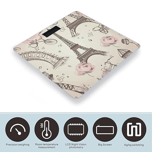 The Eiffel Tower and A Bicycle Scale for Body Weight Anti-Slip Tempered Glass Digital Bathroom Scales Clear LCD Display Weighing Scale Safe Rounded Corners Smart Scales