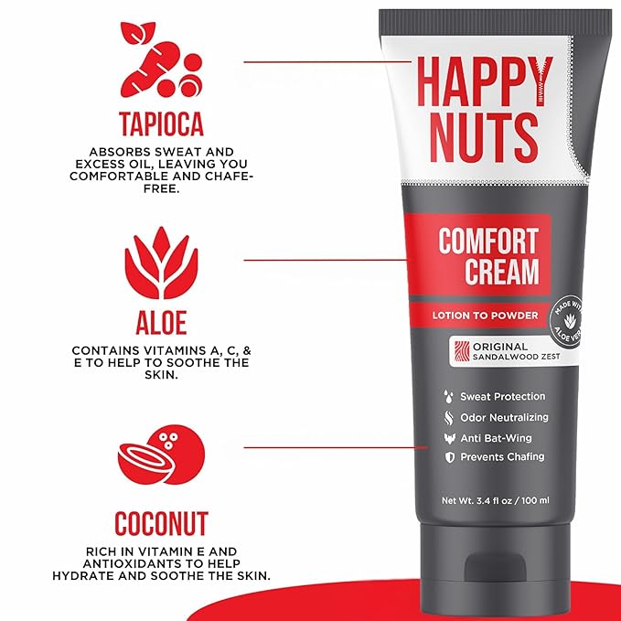 Happy Nuts Comfort Cream Powder and Body Wash Bundle - Anti-Chafing Sweat Defense and Men's Shower Gel Body Wash