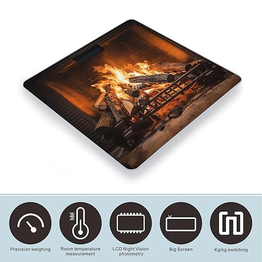 Burning Firewood Large Fireplace Scale for Body Weight Anti-Slip Tempered Glass Digital Bathroom Scales Clear LCD Display Weighing Scale Safe Rounded Corners Smart Scales