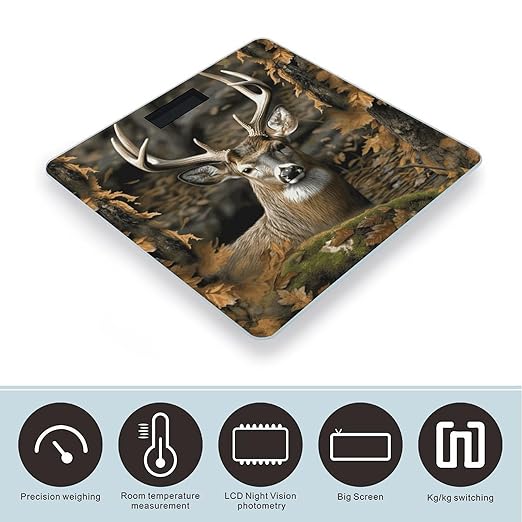 Camouflage Deer Bathroom Scale Automatic Power On/Off Body Scales LCD Backlight Display Square Digital Scale Rounded Corners Bathroom Scales for Home Bedrooms