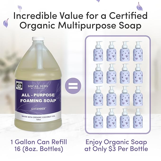SoCal Suds &amp Company 128oz Certified Organic Foaming Hand &amp Body Wash - Gentle Natural BodyBaby &amp Face Wash for Sensitive Skin Moisturizing Soap Hand Soap and More - Lavender