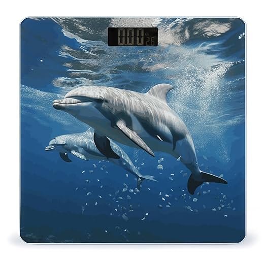 Cute Dolphins Bathroom Scale for Body Weight Bathroom Digital Electronic Weighing Scale with Back Lit LED Display Sturdy Tempered Glass Weight Watchers Scales 400lb