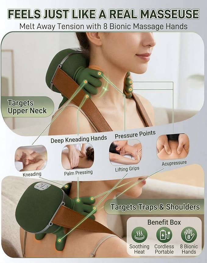 N7 Bionic Neck and Shoulder Massager Heated Real-Hand Massagers with Fingers for Back Muscle Pain Relief Portable &amp Lightweight Design