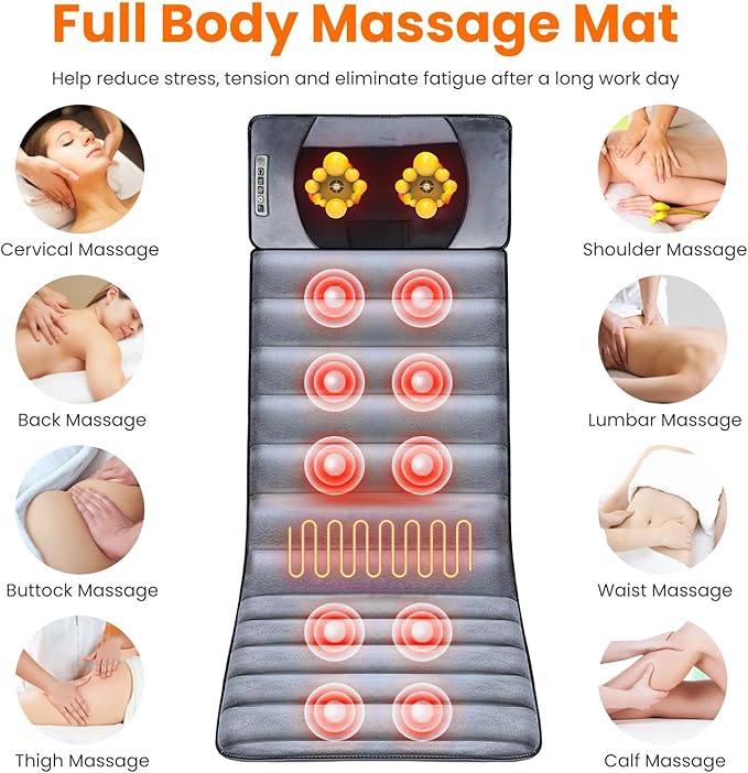 Heat Vibration Massage Mat Full Body Electric Massage Cushion Back Massage Pad with 10 Vibration Motors Timer Neck Massage Pillow Massage Mat for Chair Sofa