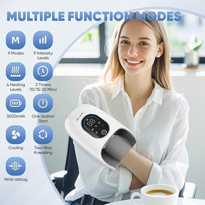 belhope Hand Massager with 9 Modes and 4 Heating for Hot and Cold Therapy Wrist Massager for Arthritis and Carpal Tunnel Relief Hand Massager with Heat and Compression Gifts for Mother White