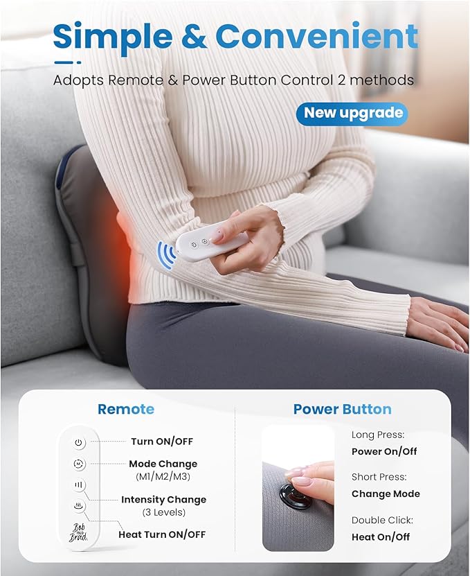 BOB AND BRAD Back Massager with Heat and Remote EZBack Plus Shiatsu Massage Pillow with 3 Level Kneading Deep Tissue Massage for Neck Shoulder Leg Upper &amp Lower Back Pain Relief FSA Eligible