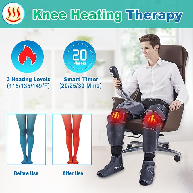 SLOTHMORE Leg Massager for Circulation and Pain Relief Air Compression Foot Massager with 3 Heat Levels 4 Modes 4-in-1 Foot Calf Knee &amp Thigh Knee Heating Therapy Gift for Mom Dad