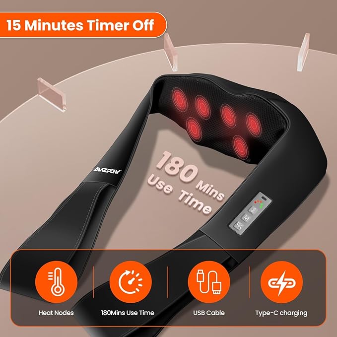 AMZPONY® Cordless Neck Massager for Pain Relief Deep Tissue Rechargeable Shiatsu Neck and Back Massager with Heat Kneading Shoulder Massage for Body Muscle Pain ReliefGifts for Dad Mom Friends