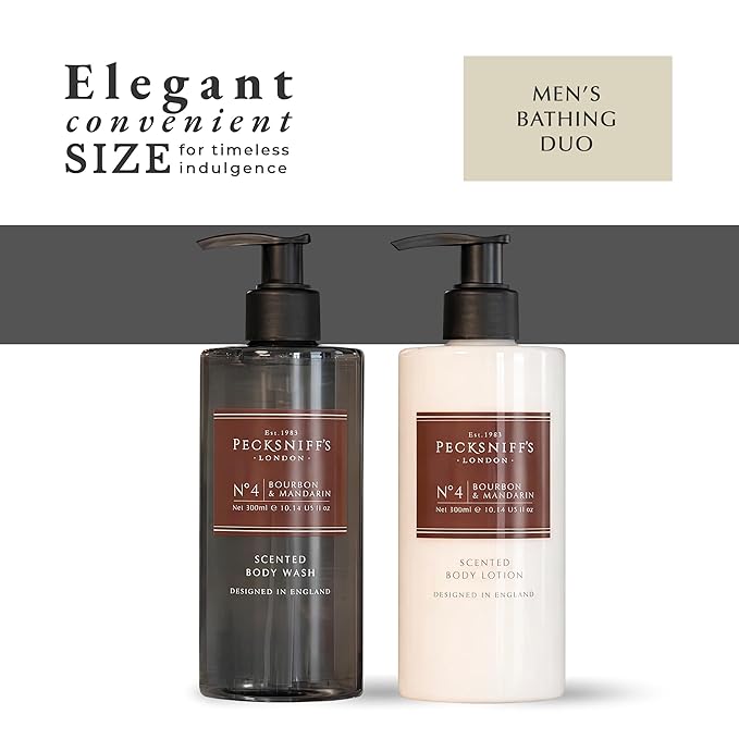 Pecksniffs Mens Bathing Duo Collection – Bourbon &amp Mandarin Scented Body Wash and Body Lotion Gift Set 2 x 250ml