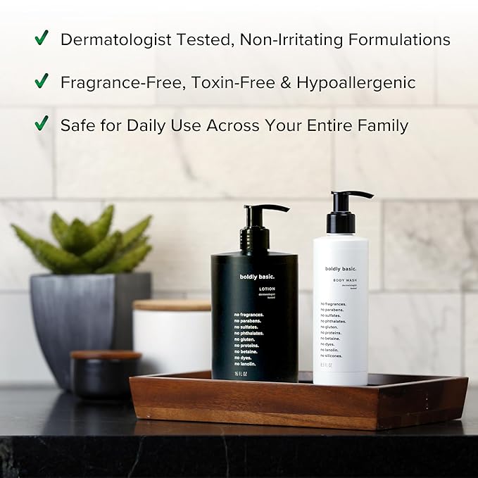 Boldly Basic Fragrance Free Body Wash and Lotion - Gentle on Sensitive Skin - Unscented - Dermatologist Tested - No Sulfates Parabens or Gluten - Hypoallergenic and Moisturizing