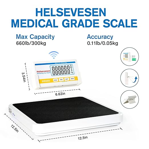Helsevesen Professional Medical Bariatric Scale Digital Bathroom Scales Low-Profile Heavy Duty Bariatric Scale with Anti-Slip Rubber Mat (DR660WL)