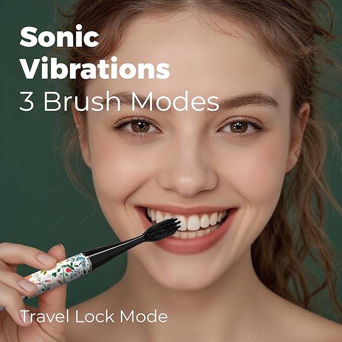 MIPOW Brush GO SlimPro i4 Electric Toothbrush Rechargeable Smart Ultra Sonic 3 Modes Travel Case &amp Ceramic Dock 60Day Battery Soft Bristles 2 Heads IPX7 Waterproof Color-FloraBloom Edition