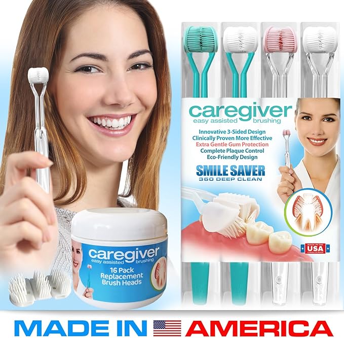 Caregiver 3-Sided Toothbrush | 4-Pack + 16 Replacement Heads | Easy Assisted Brushing for Autism Special Needs Disabilities Seniors &amp Dexterity | Gentle U-Shaped Triple Clean Soft | Made in USA