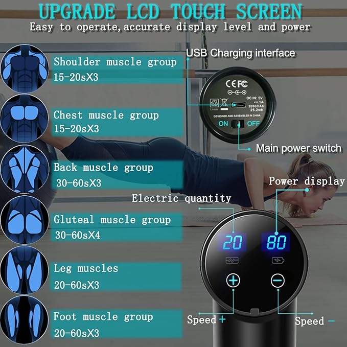 Elefor Massage Gun Deep TissuePercussion Back Massager Gun for Athletes Muscle Massage Gun for Pain Relief with 8 Massage Heads &amp 20 Speeds (Matte Black)
