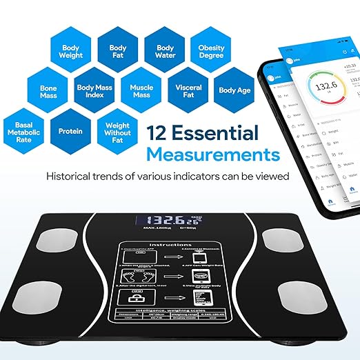 Smart Weighing Scale Bluetooth Smart Body Fat Scale accurately Measures Weight Body Fat Percentage Muscle Mass Percentage BMI and Other Body Metrics. (Black)