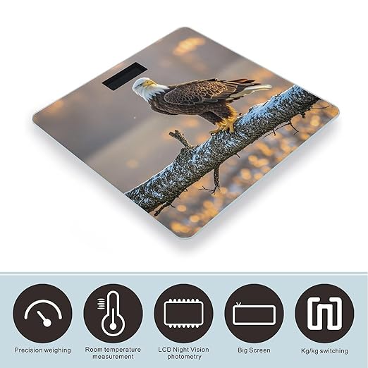 Golden Sunset Bald Eagle Bathroom Scale for Body Weight Bathroom Weighing Scales with Back Lit LED Display Sturdy Tempered Glass Body Weight Bathroom Scale 400lb Weighing
