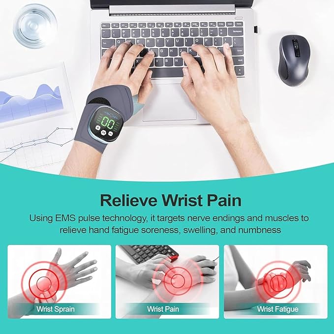 Rechargeable Adjustable Electric Wrist Massager Cordless Wrist Heating Pad Massager Muscle Stimulator with 8 Modes 30 Intensity Wrists Tendon Heating Pad for Hand Relaxing (B2)