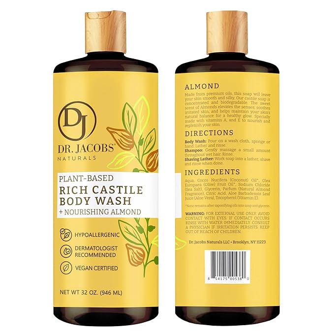 Dr. Jacobs Naturals Pure Castile Soap Liquid Body Wash Almond - Plant Based Castile Soap Infused with Vitamin E and Aloe Vera to Moisturize Dry and Sensitive Skin - Made in The USA - 32 oz Pack of 1