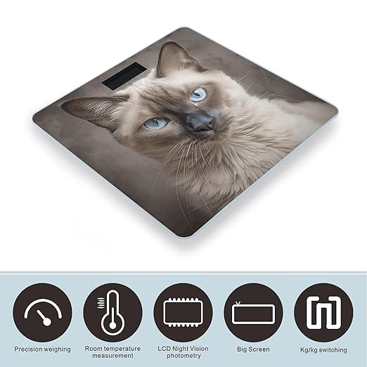 Beautiful Siamese Cat Bathroom Scale for Body Weight LCD Display Digital Bathroom Scale Tempered Glass Bathroom Weight Scales Fashion Smart Scales for Home Bedroom 400 Lb