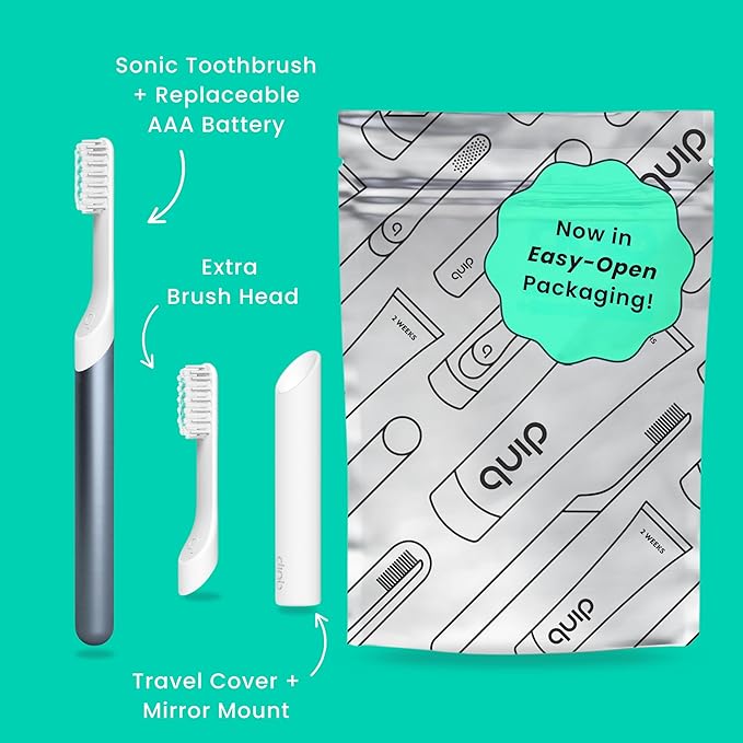 Quip Metal Sonic Electric Toothbrush for Adults - Time Travel &amp Soft Bristles with Travel Case &amp Replacement Brush Head - 3 Month Battery Life Faded Blue