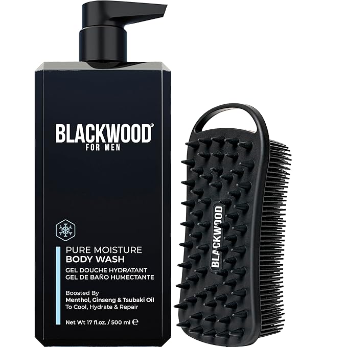 Blackwood For Men Pure Moisture Body Wash (17 oz) + Double Duty Beard &amp Body Scrubber Bundle - Natural Vegan Formula for Sensitive Skin and Workout Recovery - Dual-Sided Men's Shower Tool