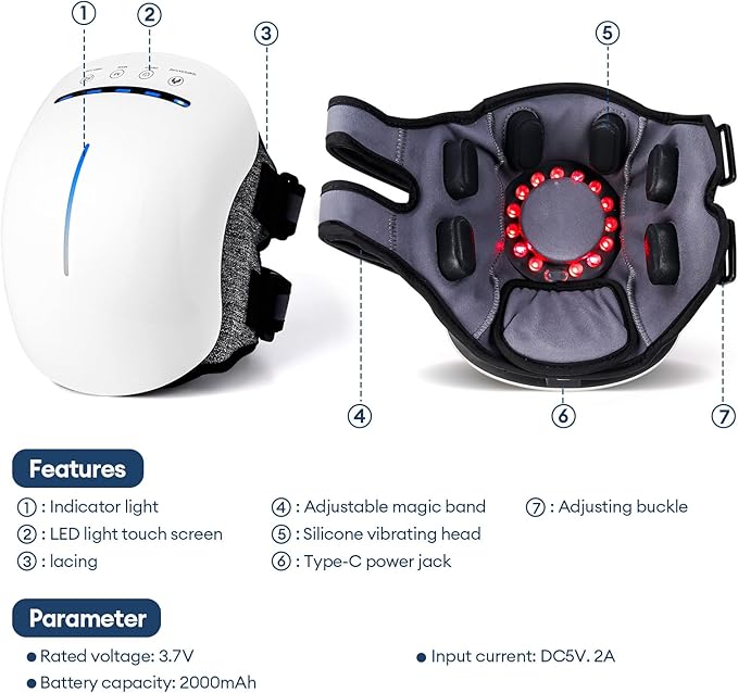 IeBilif Cordless Knee Massager with Heat 5 Vibration Modes &amp 3 Heating Levels 6 Silicone Massage Heads Adjustable Double Straps Portable Heated Knee Massager Gifts for Men Women