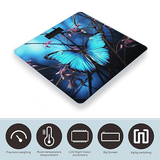 Blue Butterfly and Bamboo Bathroom Scale Rounded Smart Scale for Body Weight Automatic Power On/Off Weight Scales Accurate Bathroom Digital Scales for Pet Home Bedroom Kitchen