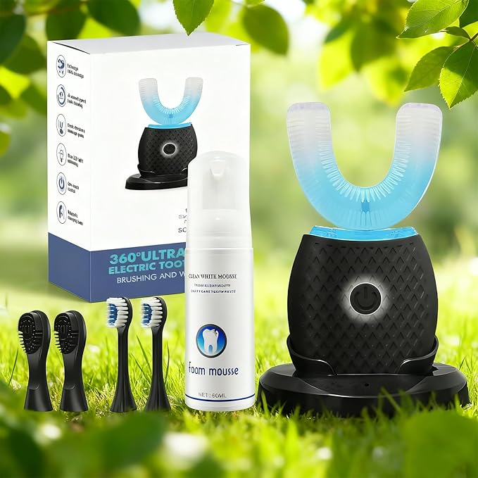 U-Shaped Electric Toothbrush for Adults Hands-Free Auto Teeth Cleaner with 360° Ultrasonic &amp Foam Mousse 4 Brush Heads LED Light &amp Charging Base Kit (Black)
