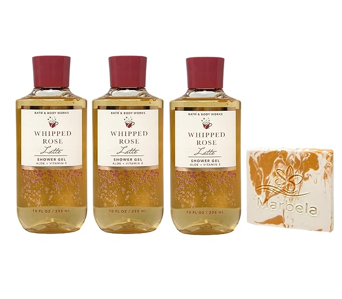 Bath &amp Body Works Whipped Rose Latte 3 Shower Gels with a Peach Gardenia Sample Soap