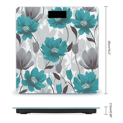 Teal Grey and White Floral1 Weight Scale Large Bathroom Scales Digital Weight with Bright LED Display Non Slip Automatic Weighing Scale Fashion Weighing Machine for Body