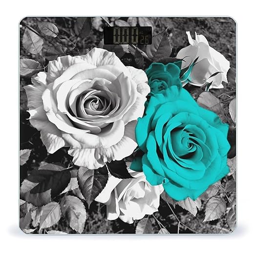 Black White Teal Gray Rose Flowers Scale for Body Weight Sturdy Tempered Glass Weighing Scales with LCD Display Accurate Digital Bathroom Scale Convenient Body Fat Smart Scales Easy Read