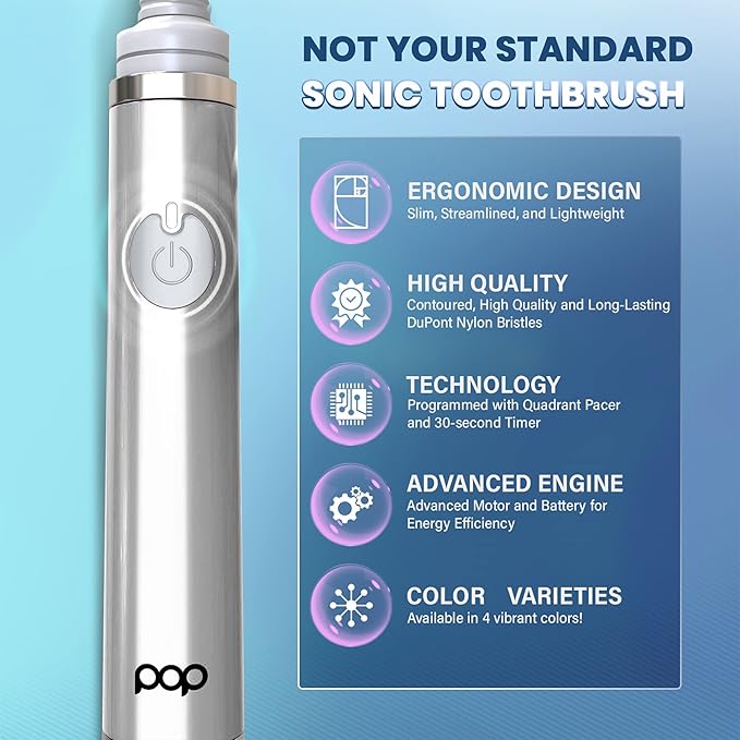 Pop Sonic The Ultimate Pro Toothbrush (Silver) | Rechargeable Tooth Brush w/Up to 40000 Brush Strokes/Minute - Long-Lasting Dupont Nylon Bristles - for Teens &amp Adults w/Quadrant Pacer &amp Timer