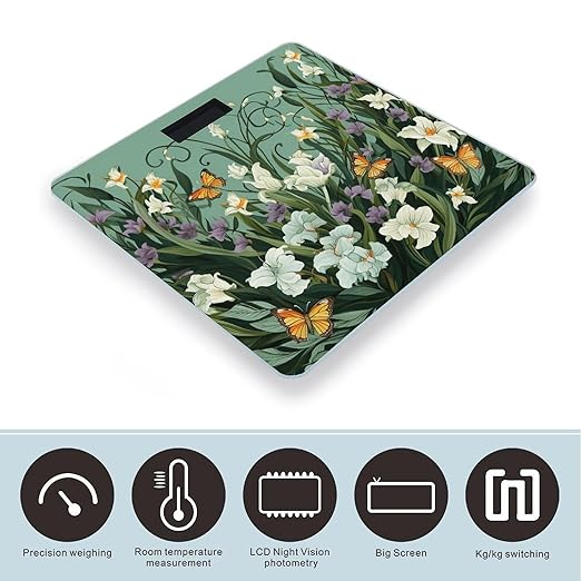 Flowers and Butterflies on Green Background Scale for Body Weight Highly Accurate Digital Bathroom Scale Sturdy Tempered Glass Weighing Scales with LCD Display Fashion Body Fat Smart Scales 400lb