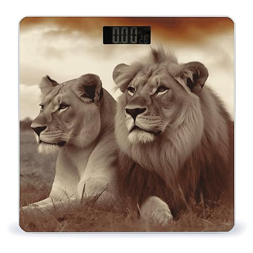 African Lion and Lioness Scale for Body Weight Safe Rounded Corners Tempered Glass Digital Bathroom Scale LED Display 400lb Capacity Weight Scales with High Precision Sensors
