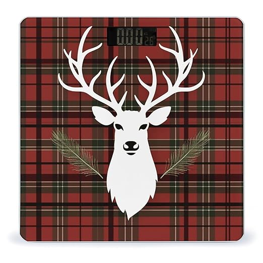 Merry Christmas Reindeer Tartan Checkered Plaid Xmas Weight Scale for Body Weight Digital Bathroom Scale High Capacity Accurate Digital Weighing Scales and Easy-to-Read on Backlit LCD Display Scales