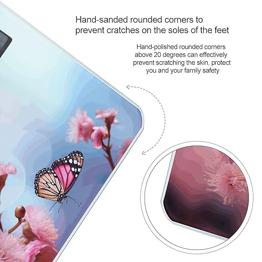 Pink Flowers Butterflies Digital Bathroom Scale for Body Weight with High Precision Digital Weighing Scale with BMI Clear LCD Display and Step-On Measures Weight Up to 180kg