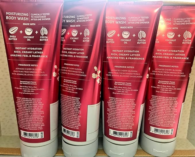 4 JAPANESE CHERRY BLOSSOM Moisturizing body washes 4 large tubes Wash with Shea Butter and Cocoa Butter 10 FL Oz