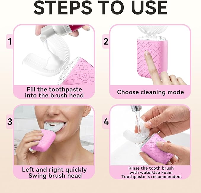 Adult Sonic Automatic Electric Toothbrush 360° Oral Cleaning Stain Whitening IPX7 Waterproof Rechargeable u-Shape Brush Head*3+Straight Handle Brush Head*2 (Pink)