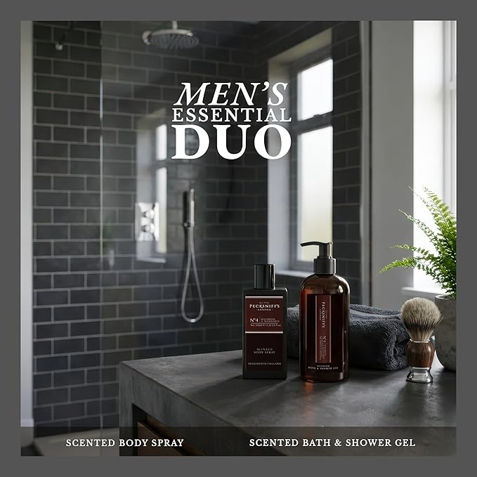 Pecksniff’s Men’s Body Duo Set – Bourbon &amp Mandarin Scented Bath &amp Shower Gel 250ml &amp Body Spray 100ml – Luxury Grooming Gift Set for Him